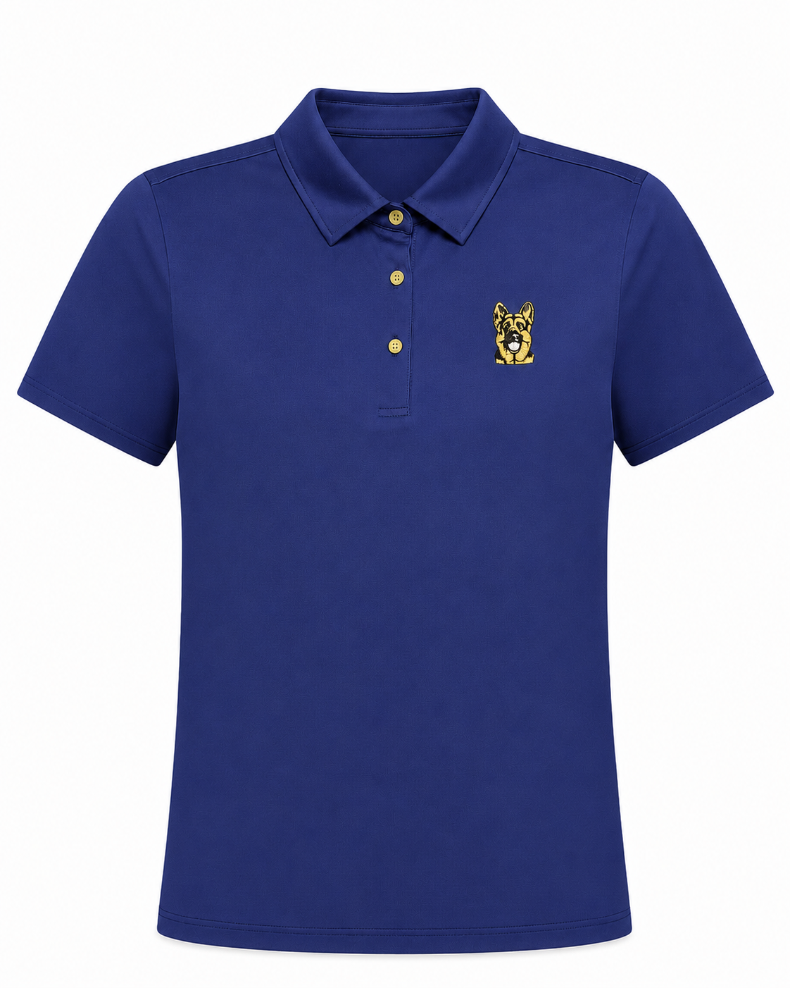 Women’s royal blue performance golf polo front view with embroidered Hudson dog logo by The Golf Company Ltd.