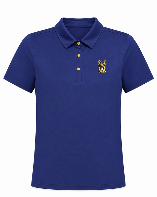 Women’s royal blue performance golf polo front view with embroidered Hudson dog logo by The Golf Company Ltd.