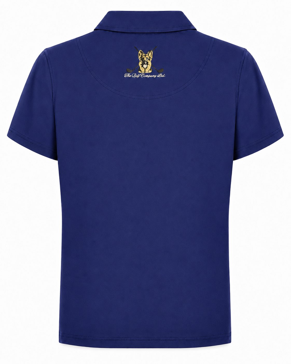 Women’s royal blue performance golf polo rear view with upper back embroidered logo and script.
