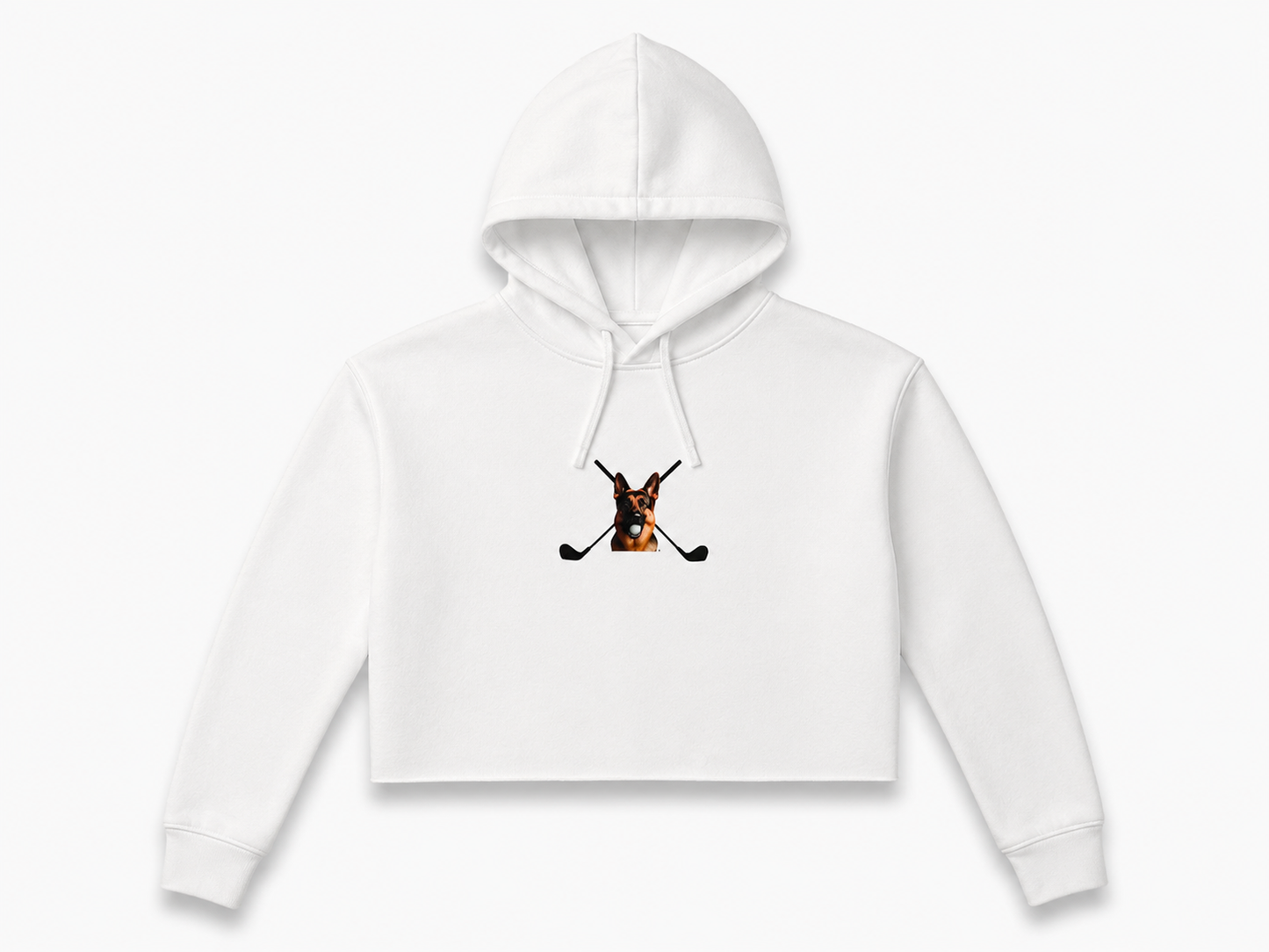 Women’s white crop hoodie front view with Hudson dog and crossed clubs logo by The Golf Company Ltd