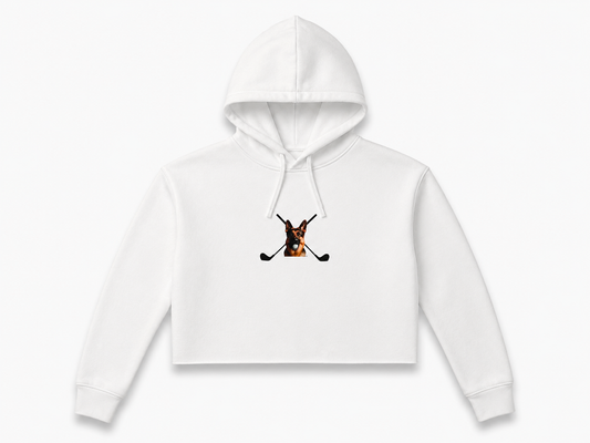 Women’s white crop hoodie front view with Hudson dog and crossed clubs logo by The Golf Company Ltd
