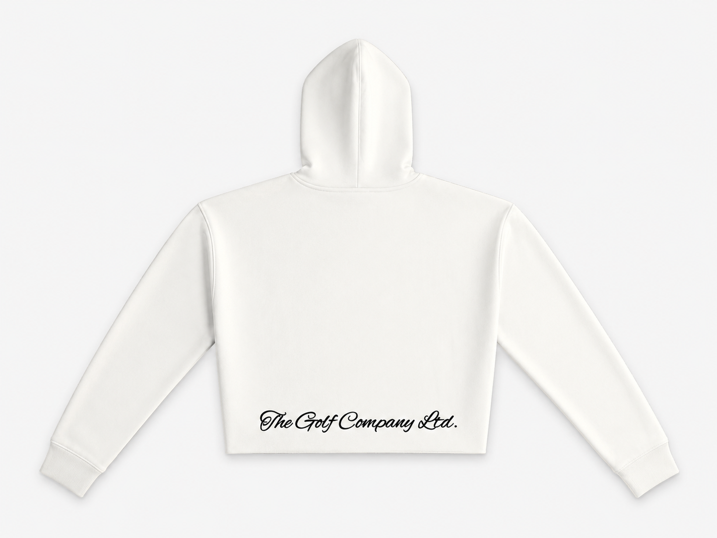 Women’s white crop hoodie rear view with The Golf Company Ltd script logo.