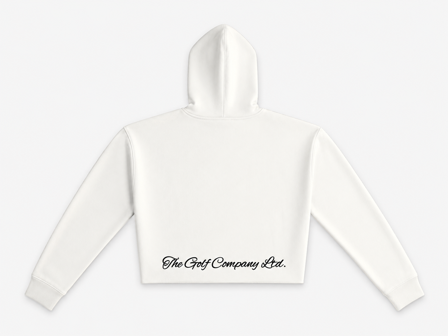 Women’s white crop hoodie rear view with The Golf Company Ltd script logo.