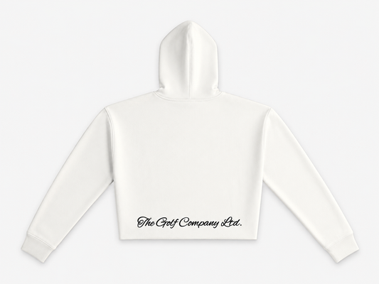 Women’s white crop hoodie rear view with The Golf Company Ltd script logo.