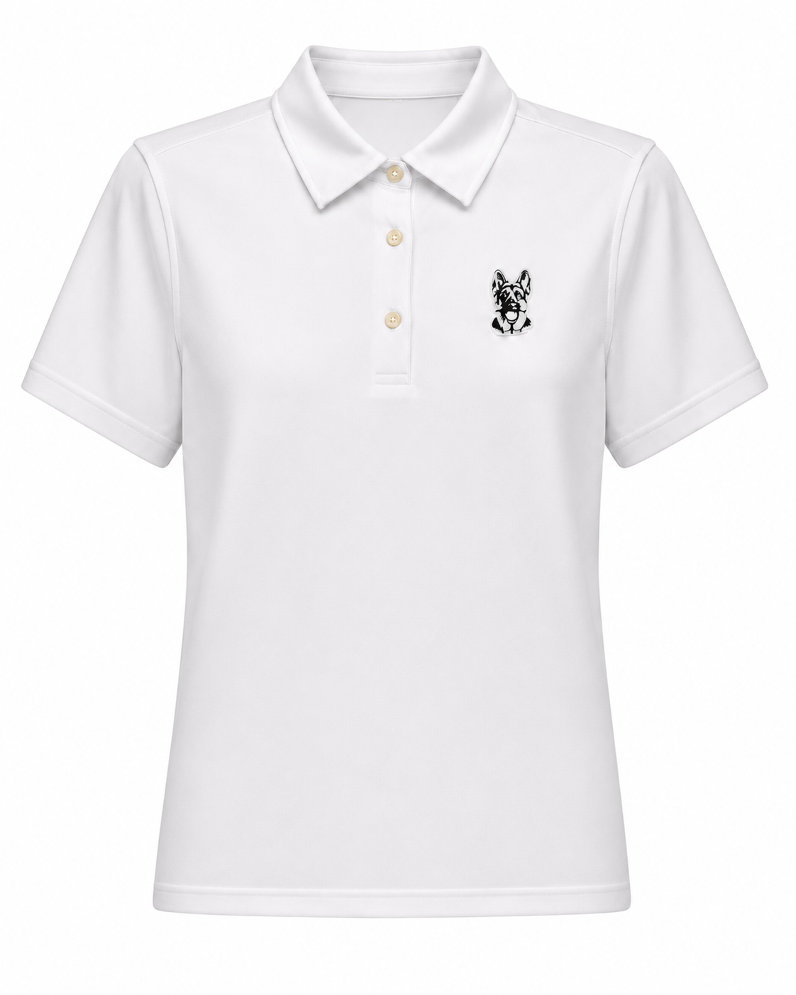 Women’s white performance golf polo front view with embroidered Hudson dog logo by The Golf Company Ltd.