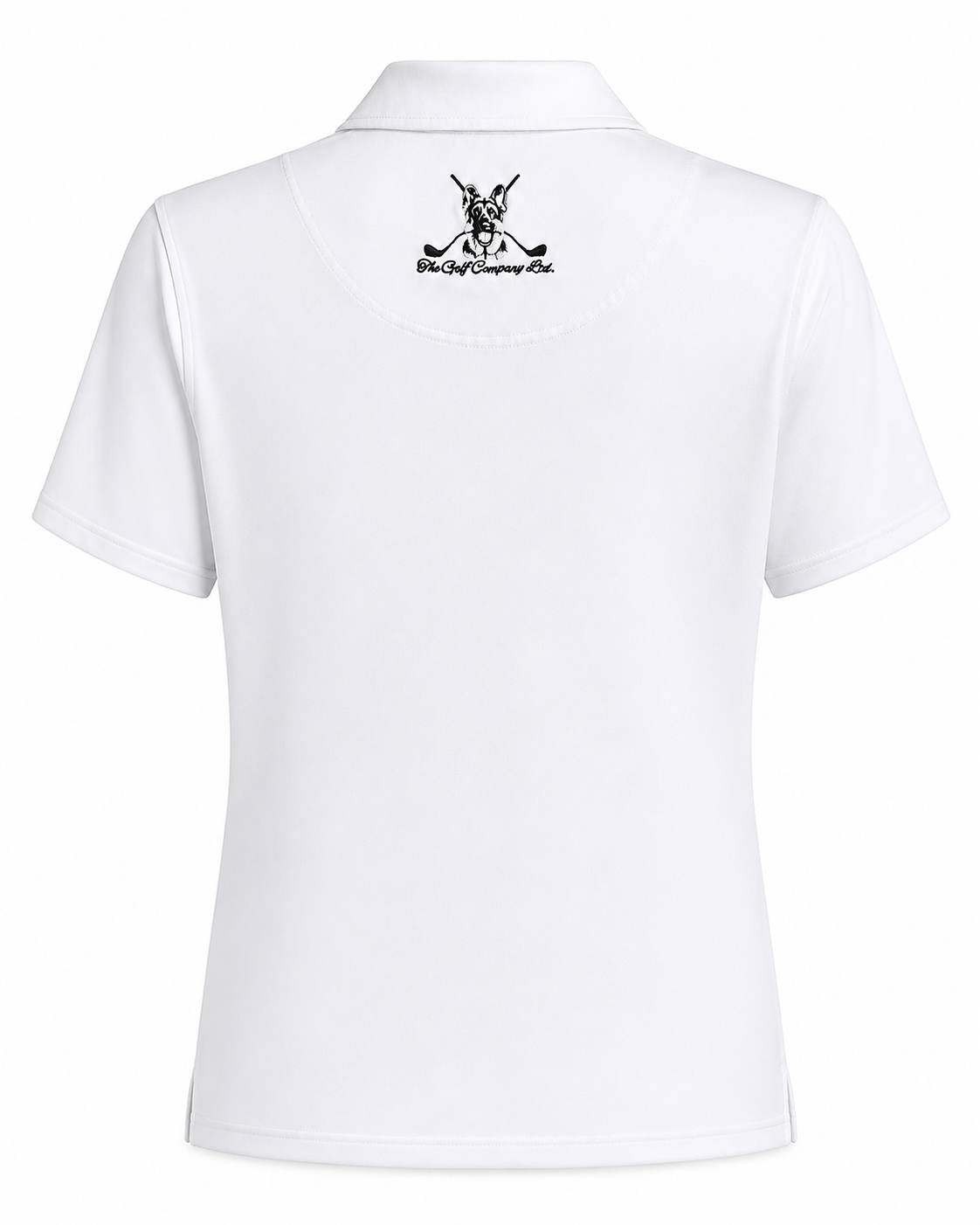 Women’s white performance golf polo rear view with embroidered The Golf Company Ltd script logo.