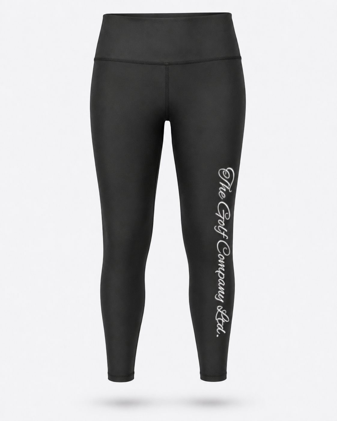 Women’s black yoga leggings front view with The Golf Company Ltd script logo on the leg.