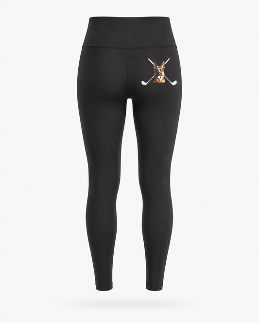 Women’s black yoga leggings rear view with Hudson, the German Shepherd and crossed clubs artwork.