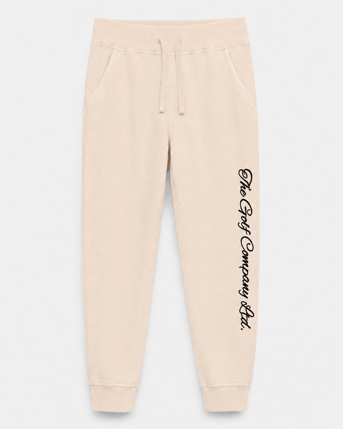 Women’s sandshell premium fleece jogger front view with The Golf Company Ltd script typography on the leg.