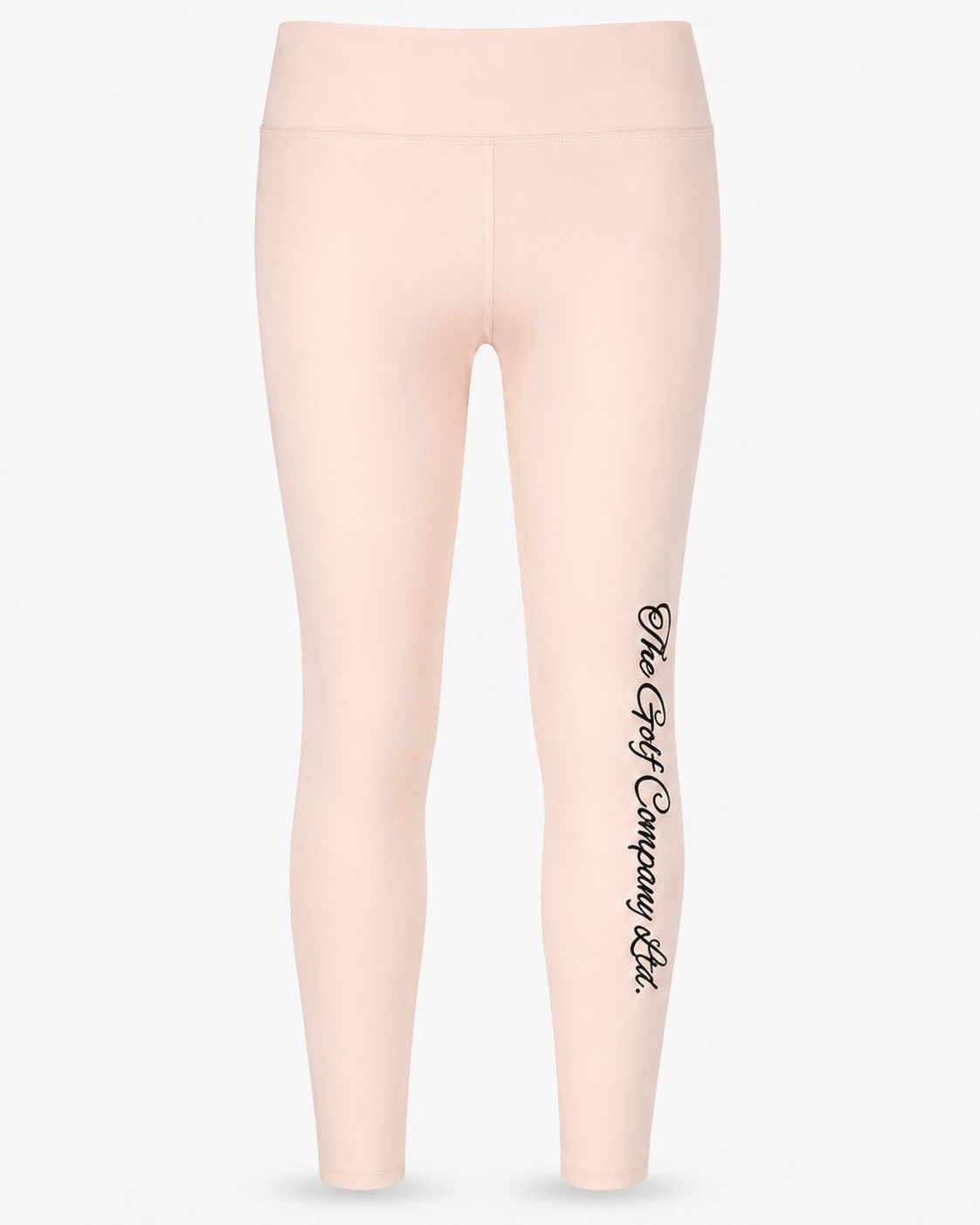 Women’s soft blush yoga leggings front view with The Golf Company Ltd script logo on the leg.