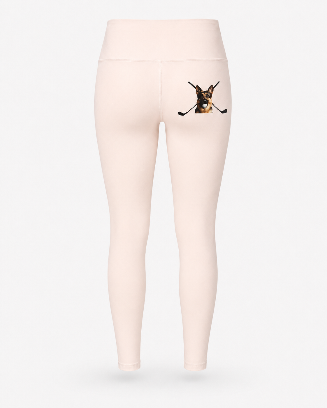 Women’s soft blush yoga leggings rear view with Hudson, the German Shepherd and crossed clubs artwork.