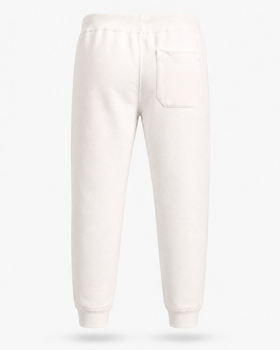 Women’s white premium fleece jogger rear view with back pocket, ribbed cuffs, and soft 3-end fleece construction.