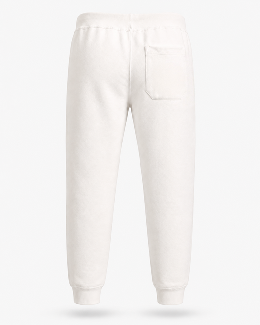 Women’s white premium fleece jogger rear view with back pocket, ribbed cuffs, and soft 3-end fleece construction.