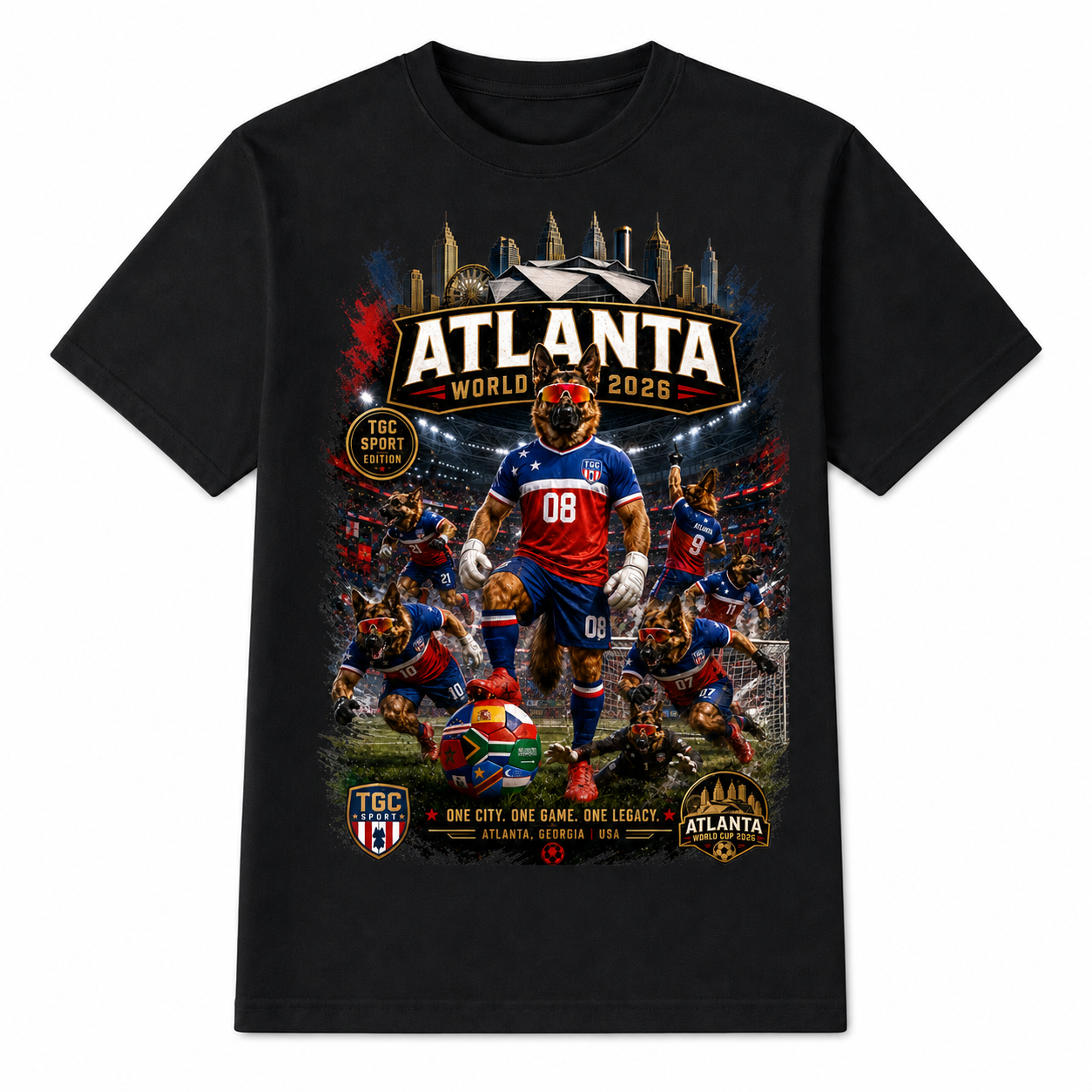 Black Atlanta 2026 Hudson Stadium tee with large soccer stadium graphic featuring Hudson in a TGC soccer kit, Atlanta skyline artwork, and One City One Game One Legacy text.