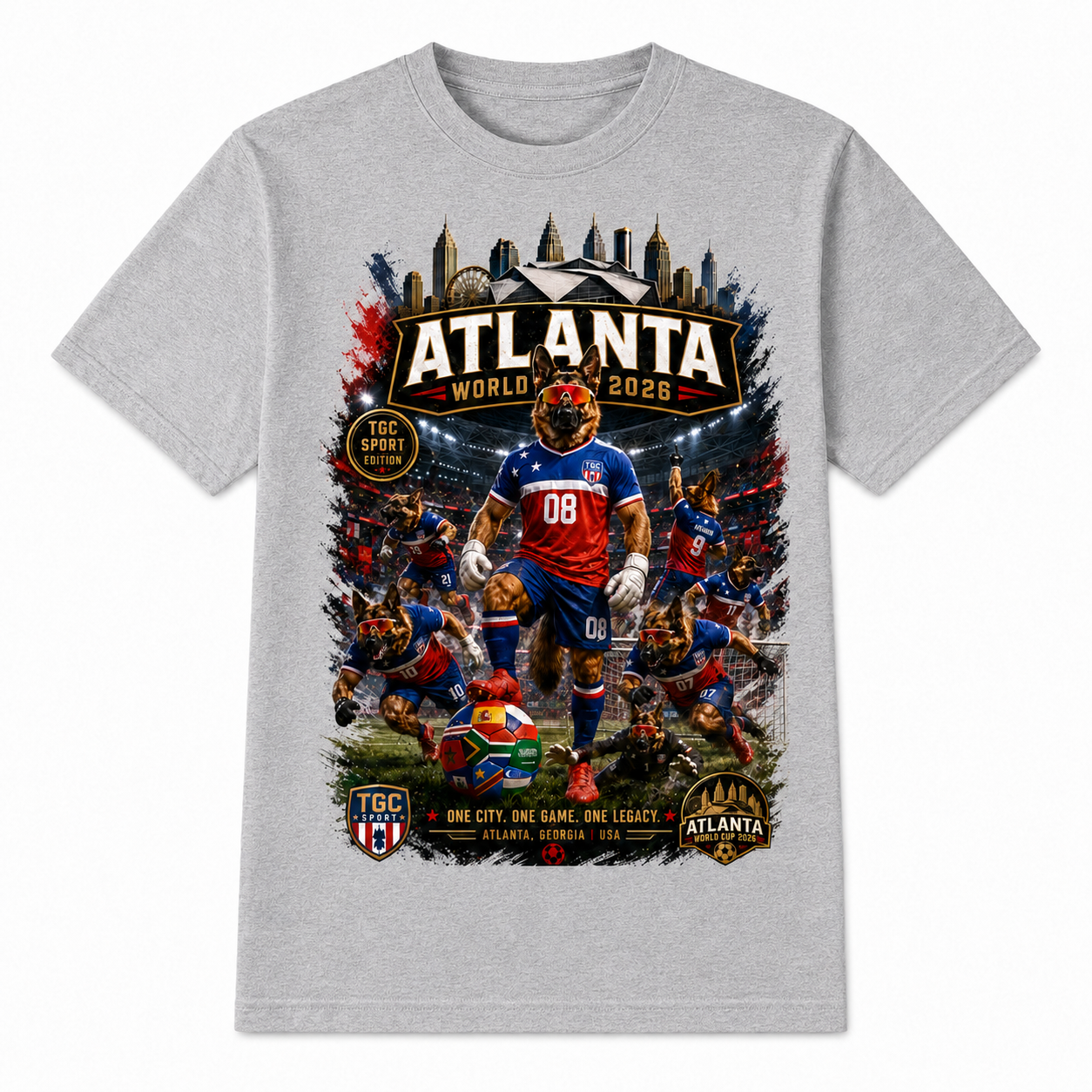 Heather grey Atlanta 2026 Hudson Stadium tee with large soccer stadium graphic featuring Hudson in a TGC soccer kit, Atlanta skyline artwork, and One City One Game One Legacy text.