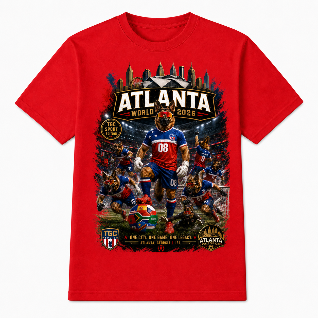 Red Atlanta 2026 Hudson Stadium tee with large soccer stadium graphic featuring Hudson in a TGC soccer kit, Atlanta skyline artwork, and One City One Game One Legacy text.