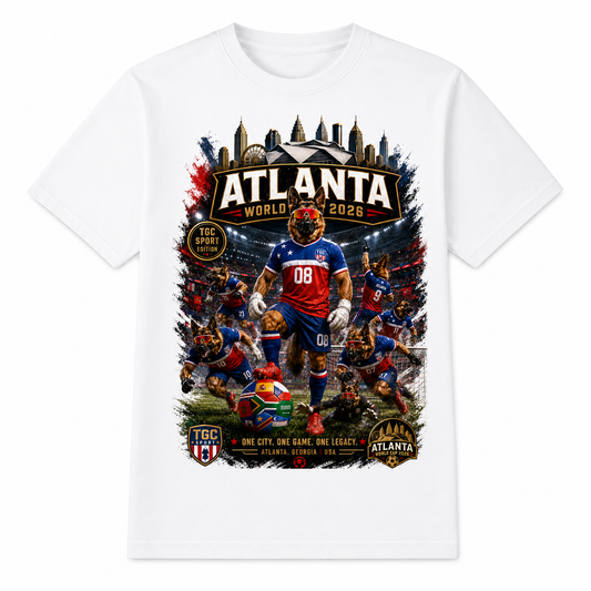 White Atlanta 2026 Hudson Stadium tee with large soccer stadium graphic featuring Hudson in a TGC soccer kit, Atlanta skyline artwork, and One City One Game One Legacy text.