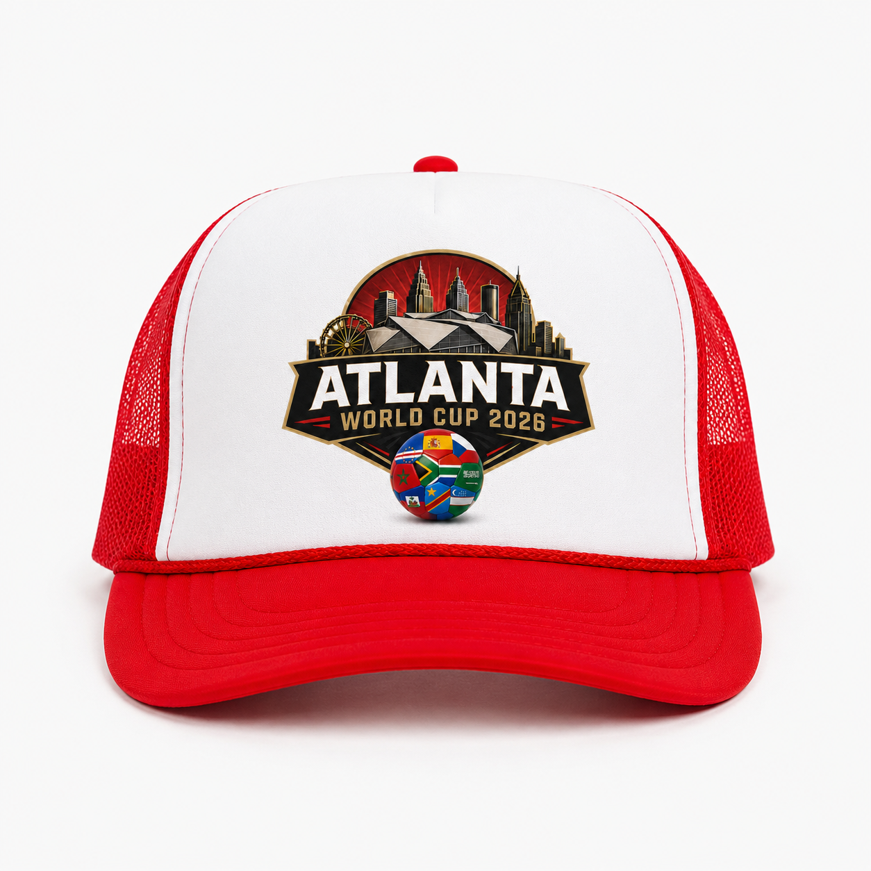 Red and white Atlanta 2026 trucker cap with skyline crest artwork, stadium graphic, and multi-nation soccer ball on the front panel.