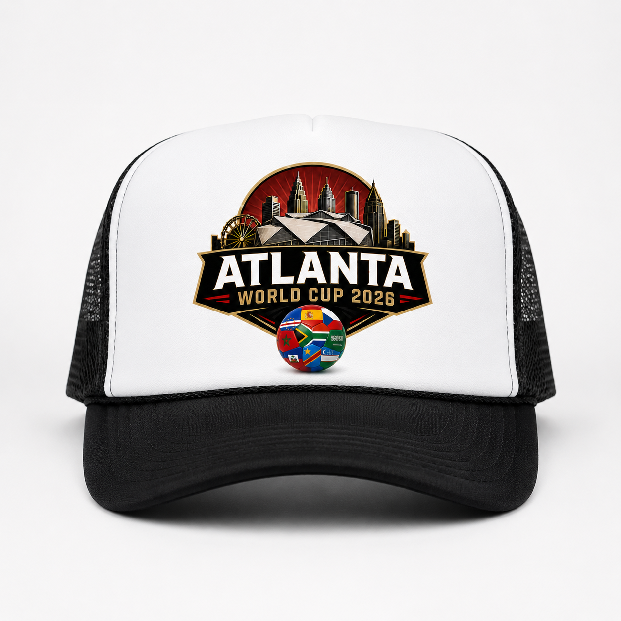 Black and white Atlanta 2026 trucker cap with skyline crest artwork, stadium graphic, and multi-nation soccer ball on the front panel.