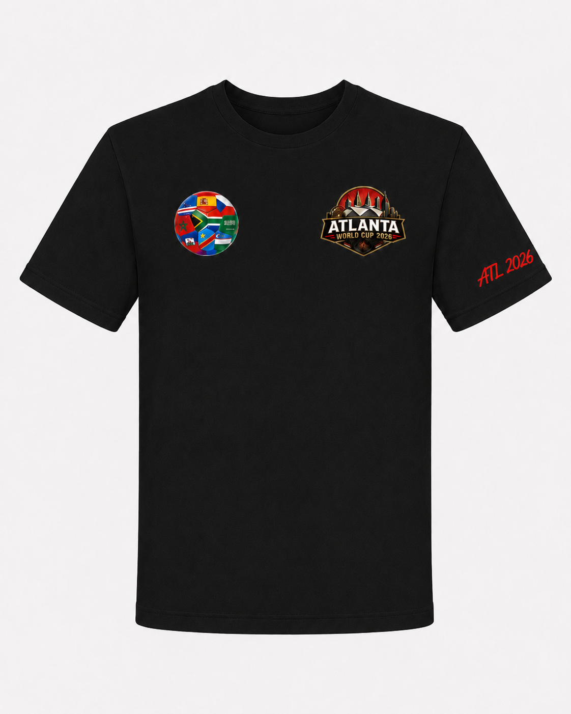 Black Atlanta 2026 tee with multi-nation soccer ball chest graphic, Atlanta crest, and red ATL 2026 sleeve detail.