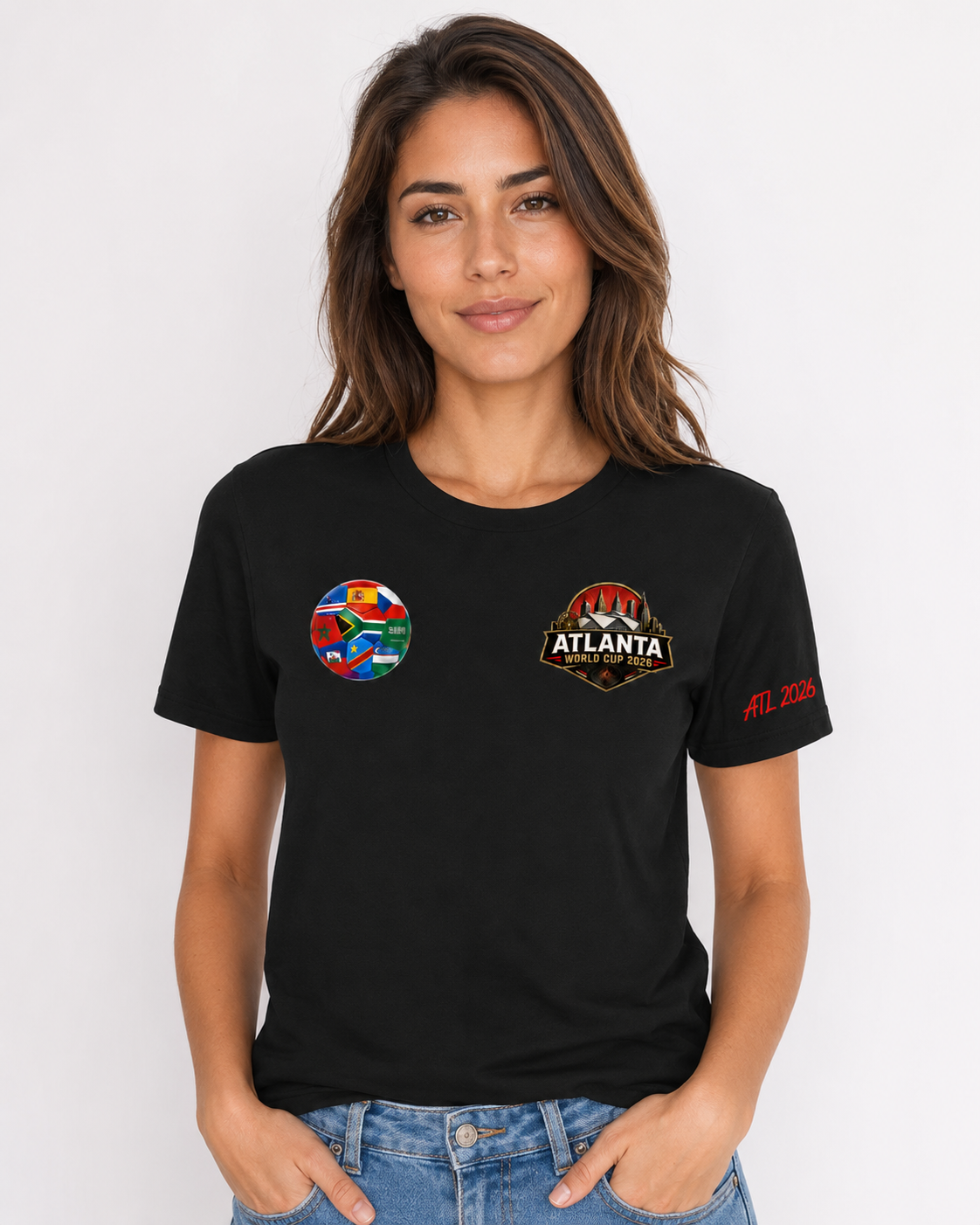 Female model wearing a black Atlanta 2026 tee with chest graphics and ATL 2026 sleeve detail.
