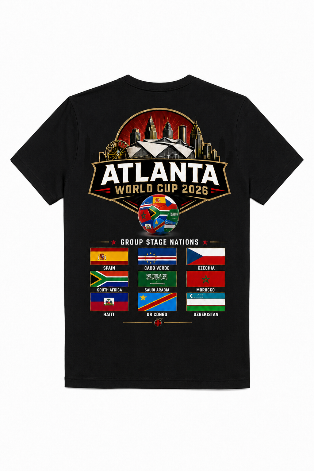 Black Atlanta 2026 tee with large stadium skyline back graphic and group stage nations flags for Spain, Cabo Verde, Czechia, South Africa, Saudi Arabia, Morocco, Haiti, DR Congo, and Uzbekistan.