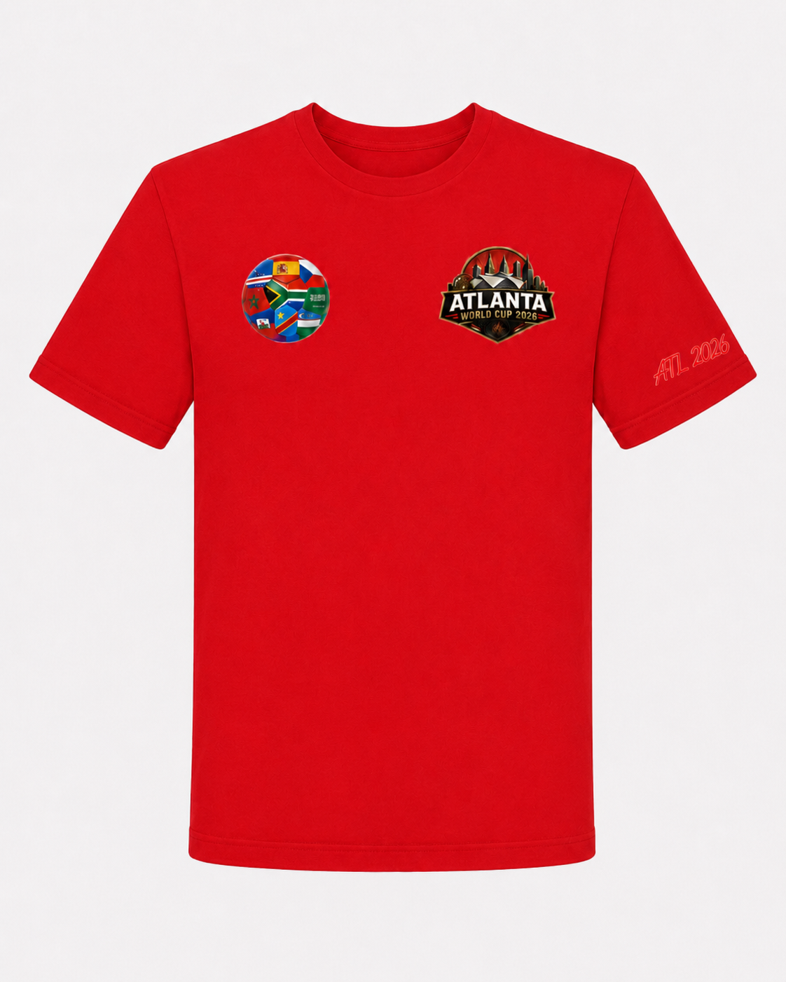Red Atlanta 2026 tee with multi-nation soccer ball chest graphic, Atlanta crest, and ATL 2026 sleeve detail.
