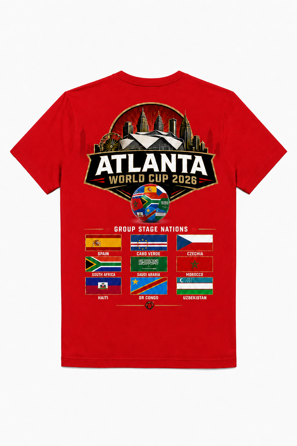 Red Atlanta 2026 tee with large stadium skyline back graphic and group stage nations flags for Spain, Cabo Verde, Czechia, South Africa, Saudi Arabia, Morocco, Haiti, DR Congo, and Uzbekistan.