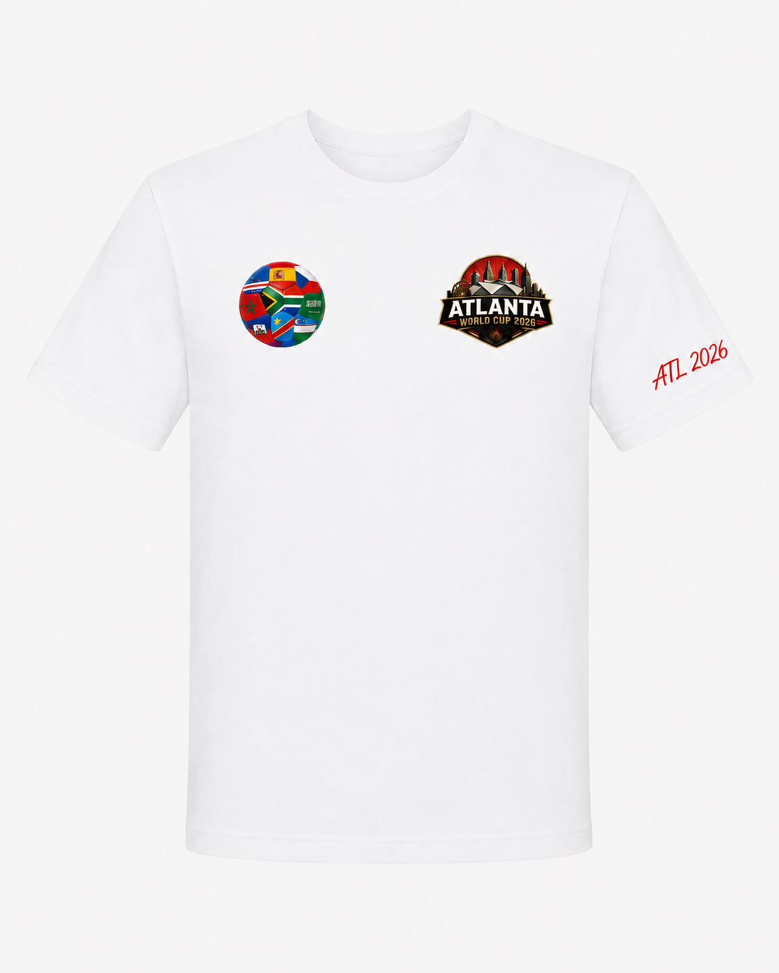 White Atlanta 2026 tee with multi-nation soccer ball chest graphic, Atlanta crest, and ATL 2026 sleeve detail.