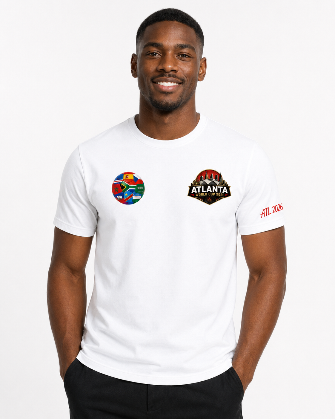 Male model wearing a white Atlanta 2026 tee with chest graphics and ATL 2026 sleeve detail.