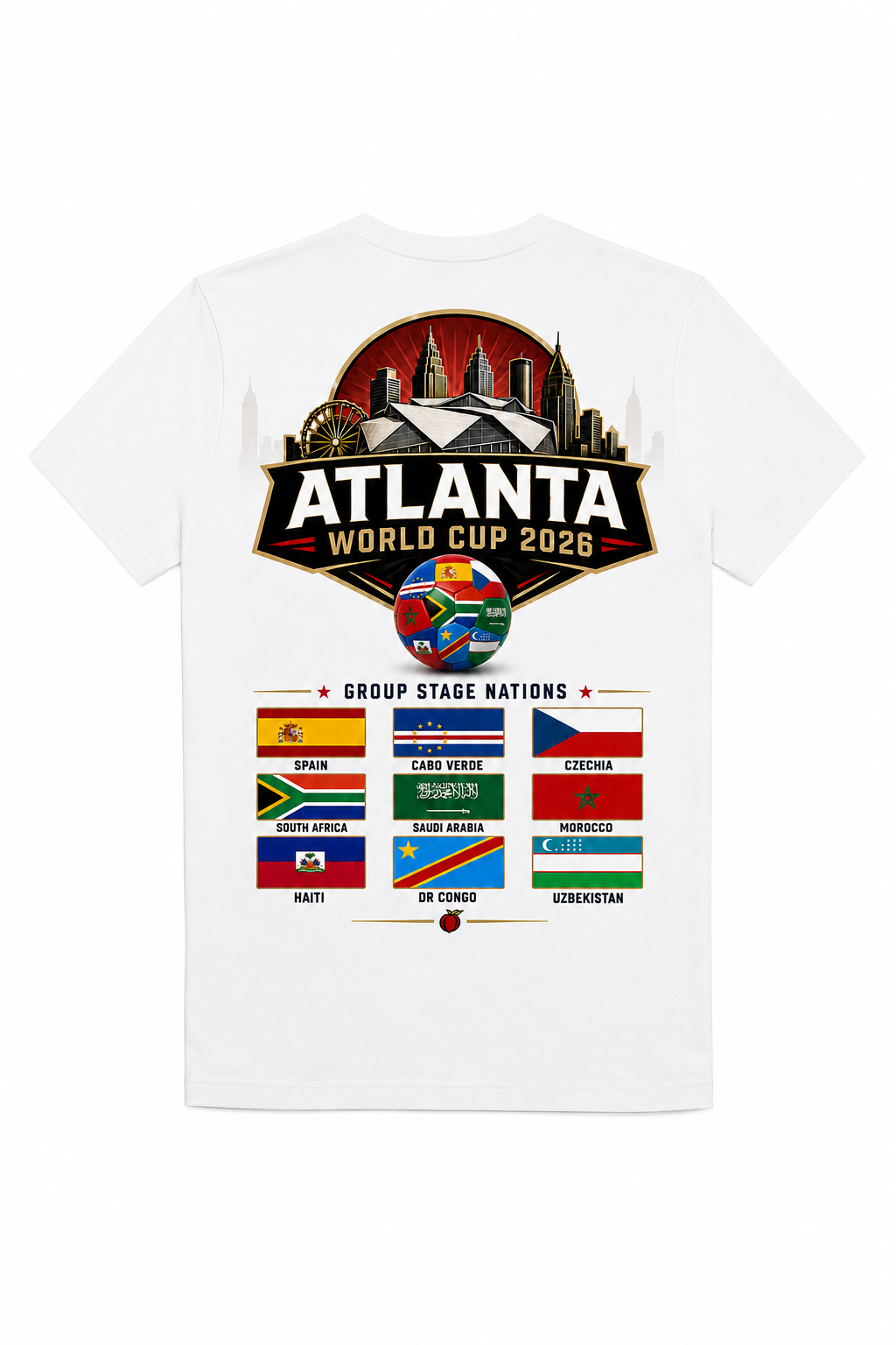 White Atlanta 2026 tee with large stadium skyline back graphic and group stage nations flags for Spain, Cabo Verde, Czechia, South Africa, Saudi Arabia, Morocco, Haiti, DR Congo, and Uzbekistan.