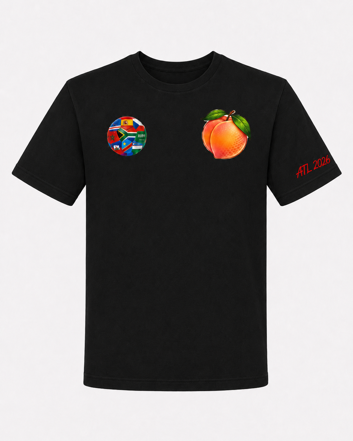 Black Atlanta 2026 tee with multi-nation soccer ball chest graphic, Georgia peach chest graphic, and red ATL 2026 sleeve detail.