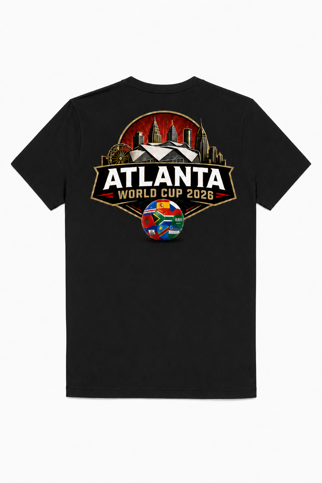 Black Atlanta 2026 tee with large skyline and stadium back graphic, Atlanta World Cup 2026 text, and multi-nation soccer ball artwork.