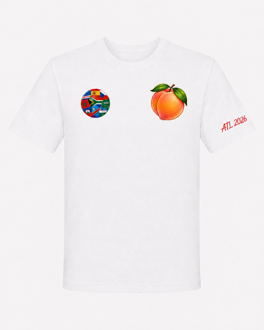 White Atlanta 2026 tee with multi-nation soccer ball chest graphic, Georgia peach chest graphic, and red ATL 2026 sleeve detail.