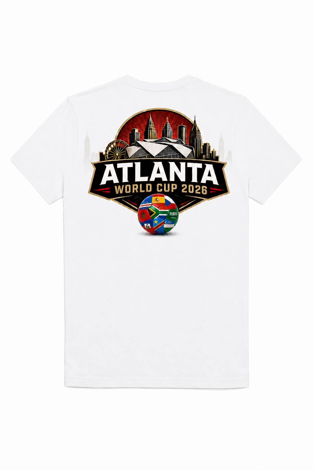 White Atlanta 2026 tee with large skyline and stadium back graphic, Atlanta World Cup 2026 text, and multi-nation soccer ball artwork.