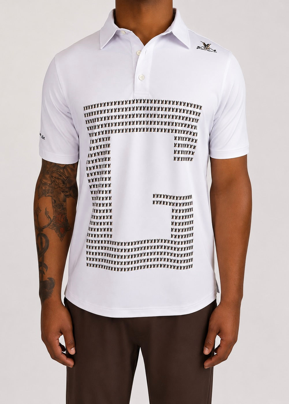 White G Series Performance Golf Shirt close-up showing front chest graphic and shoulder logo