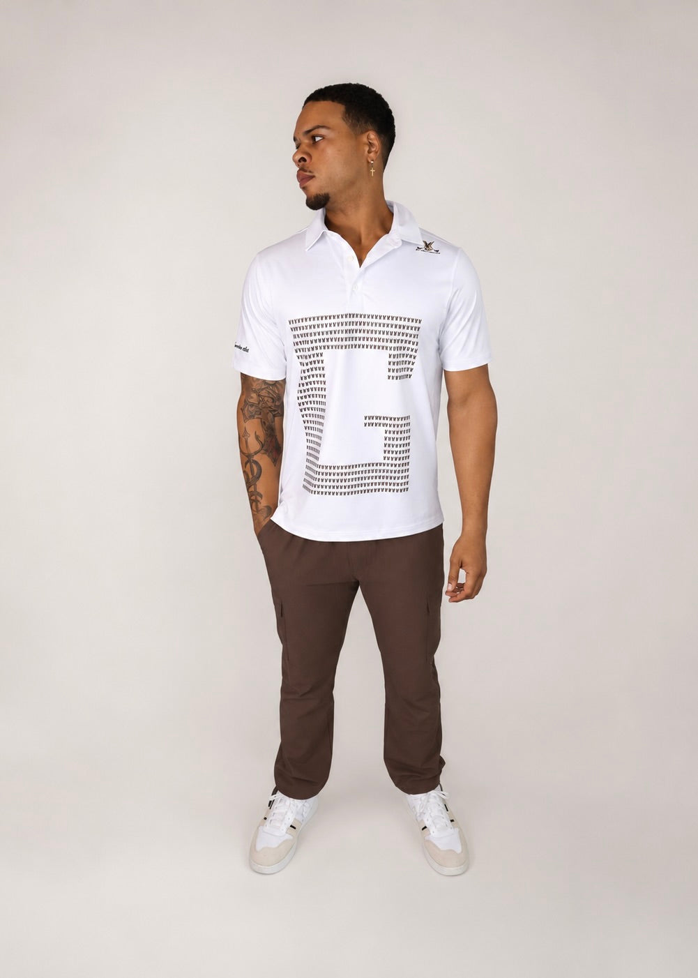 Men’s G Series Performance Golf Shirt in white worn by model, front full-body view