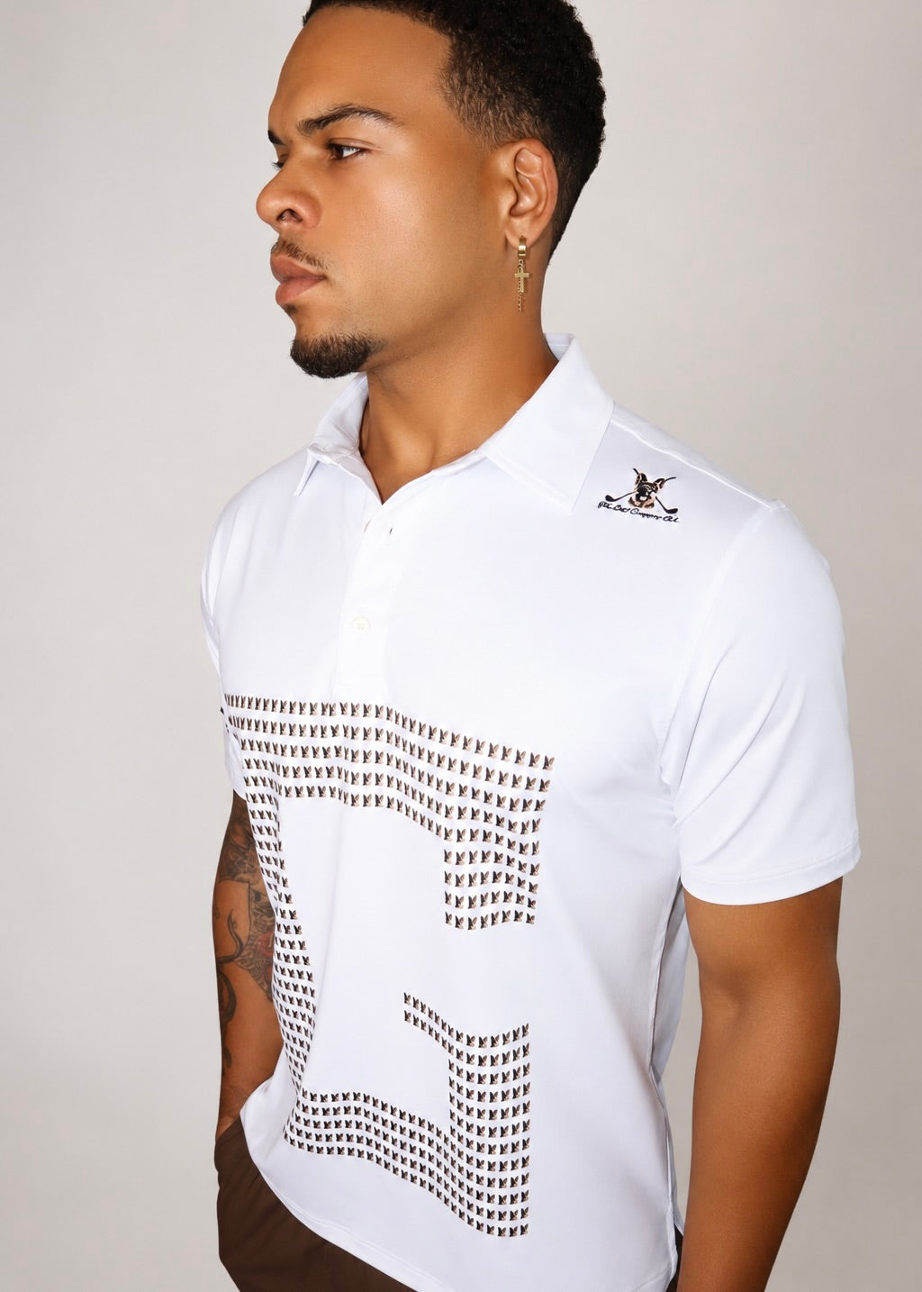 White G Series Performance Golf Shirt side profile showing collar, shoulder branding, and chest design